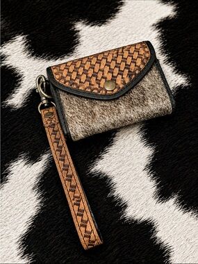 Genuine Leather and Cowhide Wristlet Card Holder in Tan and Brown